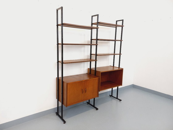 Image 1 of Vintage Italian double modular bookcase in teak and metal from the 1960s