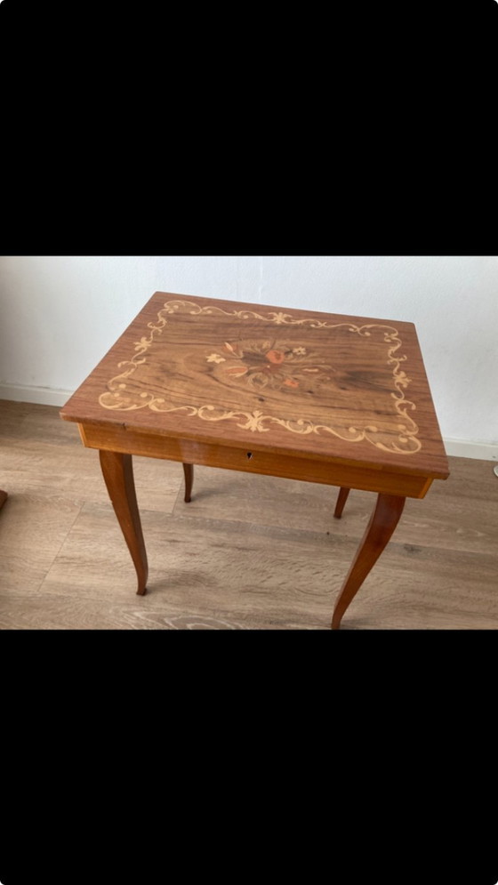 Image 1 of Antique intarsia decorative table, music table with flowers and decorative rim