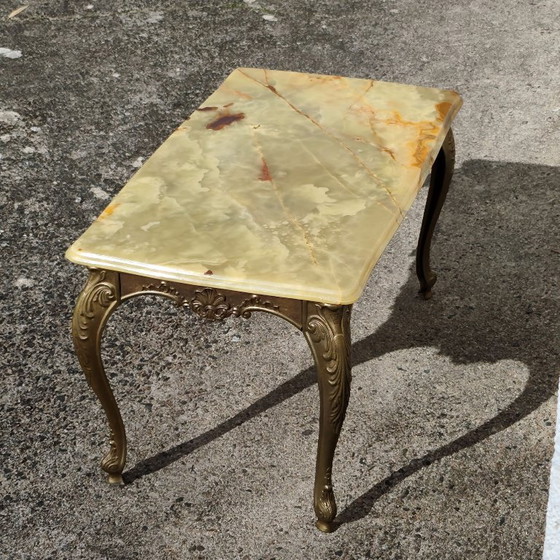 French Vintage Coffee Table with Onyx Top and Ornate Metal Legs, Stone, Green (photo 8 of 14)