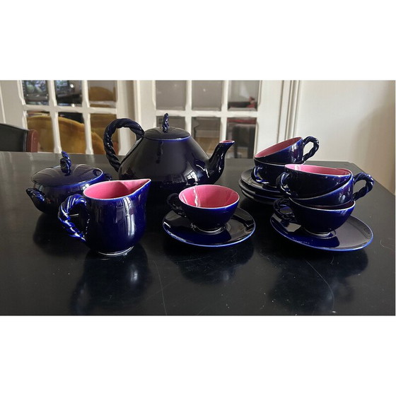 Image 1 of Vintage blue glazed ceramic tea service for Ceramony Vallauris, 1950