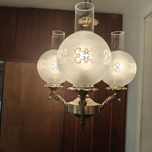 Vintage 3-Light Neo-Classical / Empire Style Chandelier – Ornate Brass Tone & Frosted Glass