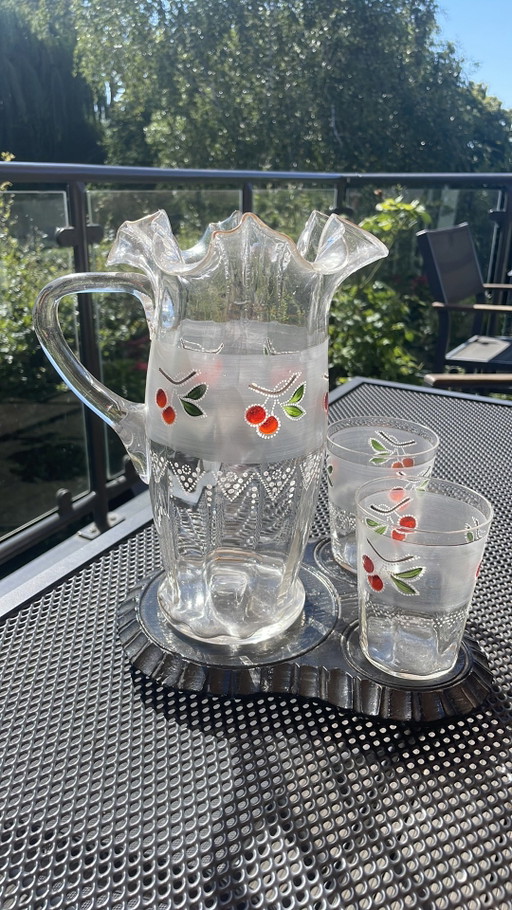 Vintage Lemonade/Grenadine Set with Cherry Motif 1950s/60s – glazen karaffen, Glass, Wood