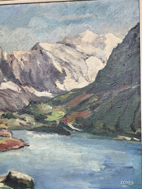Image 1 of Vintage Alpine Lake Chateau: Gilded Masterpiece by E. Cools (1960)
