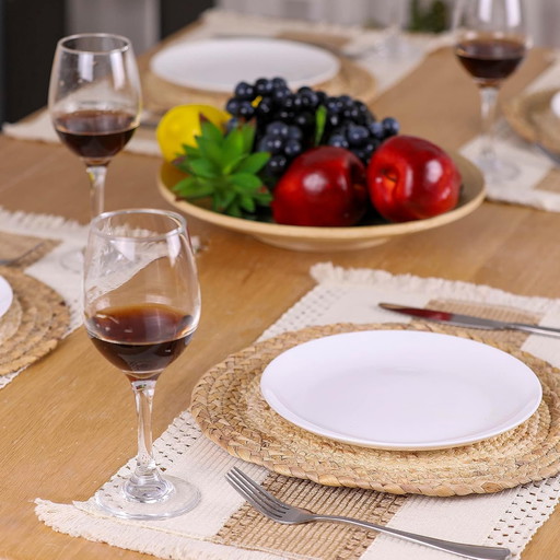 Zology Handmade Boho Placemats Set of 6 - Napperons en coton naturel, jute et paille d'eau combinés, décor en macramé