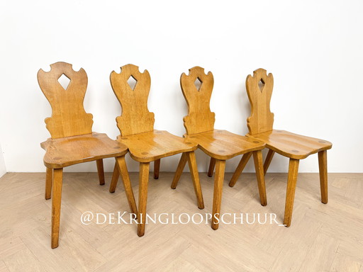 4 sedie vintage in legno in stile brutalista con motivo a rombi