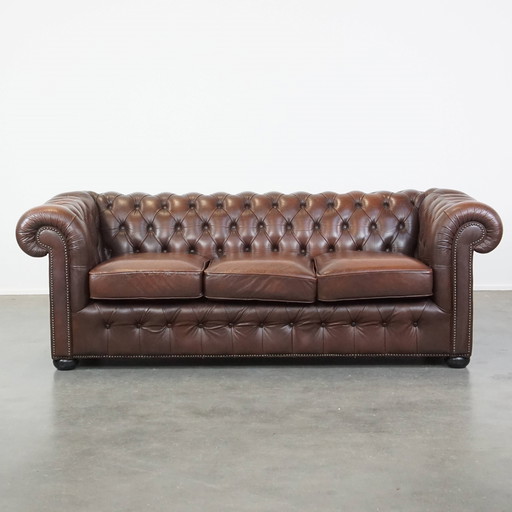 Canapé Chesterfield 3 places en cuir de boeuf vintage