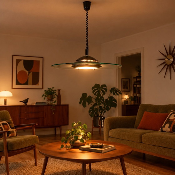 Vintage mid century UFO-Pendant lamp, round glass disc, Aluminium, Black (photo 3 of 11)