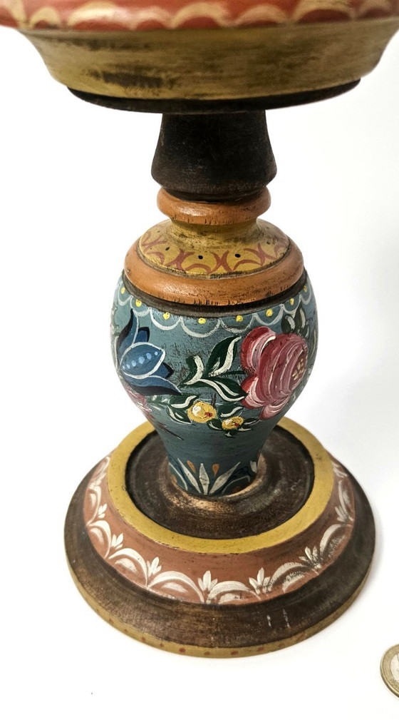 Image 1 of Vintage Wooden Hand painted Candle Holder German Bauernmalefai Folk Art Floral Flower Motifs Farmhouse Decor Carved Wood Candles