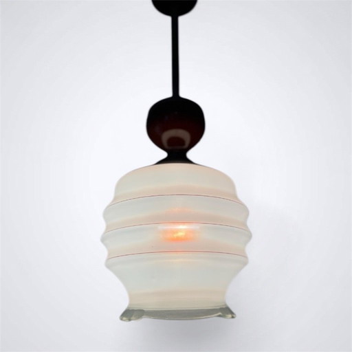 Vintage Opaline Glass Pendant Lamp, 1970s–80s — Eastern European Design with Brass, Ceramic & Frosted Glass