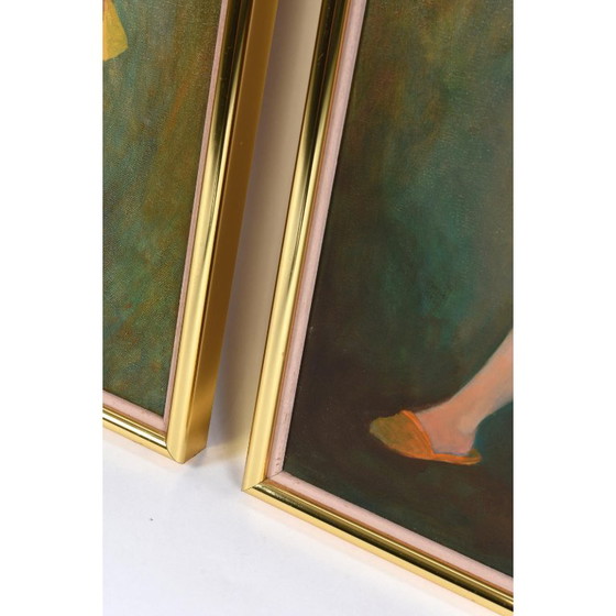 Image 1 of Pareja de cuadros dorados verdes de musas desnudas femeninas de Swanson