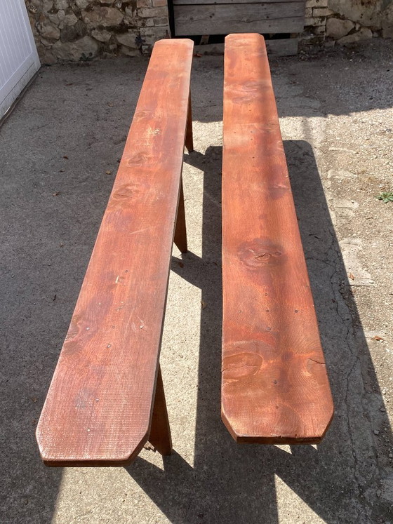 Par de bancos rústicos de madera maciza de 250 cm para mesa de campo de estilo años 50. – Wood (photo 4 of 18)