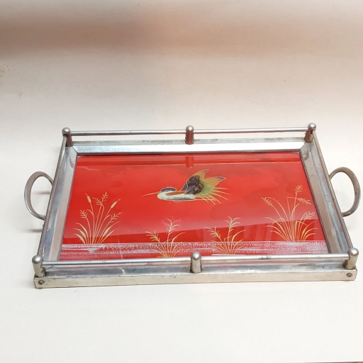 Vintage Art Deco Tablett 1940er Jahre. Servier- oder Cocktailtablett Églomisé-Technik, Hinterglasmalerei
