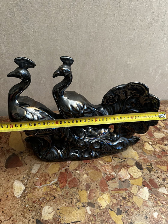Image 1 of Coppia di Pavoni in ceramica nera iridescente - Attribuiti a Vallauris anni '70