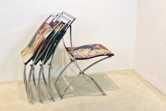 One off Hand painted set of four ‘Luisa’ Dining Chairs by Marcello Cuneo, polished steel, Chrome (photo 12 of 15)