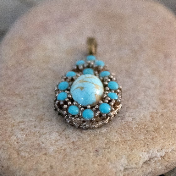 Image 1 of Pendentif vintage en forme de larme, turquoise dans un métal argenté