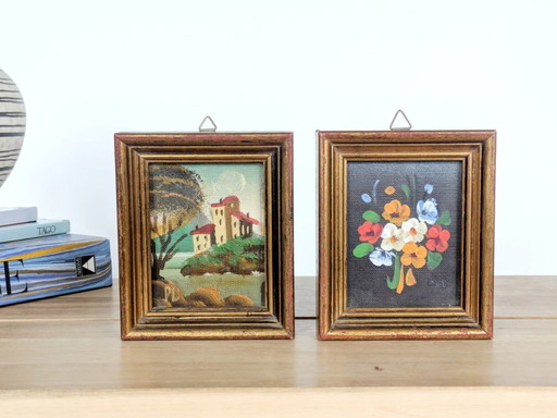 Pair of Small Italian Oil Paintings, Floral and Landscape, Gilded Wood Frames, Signed