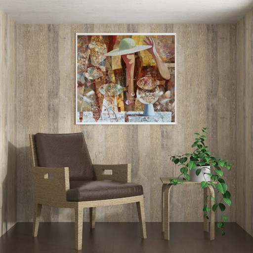 Origineel olieverfschilderij, abstract figuratief meisje, surrealisme, zwevende vis – schilderijen tekeningen (photo 2 of 10)