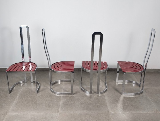 Image 1 of Sedie postmoderne in cromo e legno rosso, set di 4, anni '80