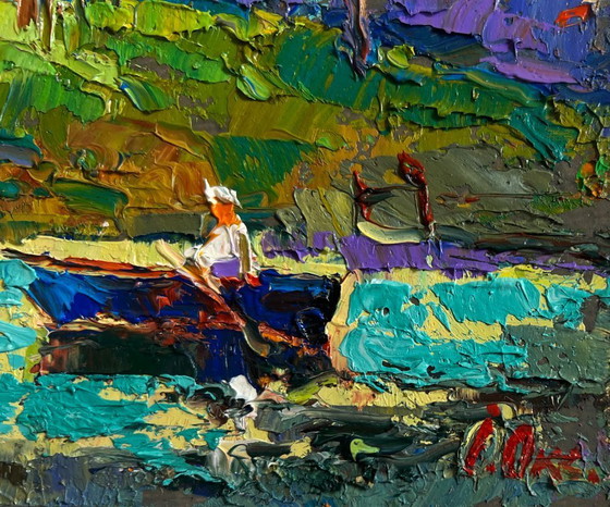 Image 1 of Original Oil Painting Summer Coastal Landscape Relaxation on the river
