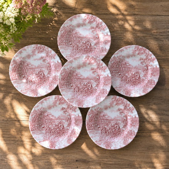 Image 1 of Antieke Engelse Myott Staffordshire borden, roze aardewerk.