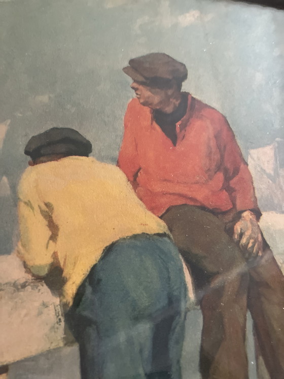 Image 1 of Sfeervol Schilderij P. Lorge - Vissers op de Kade - Inclusief Lijst