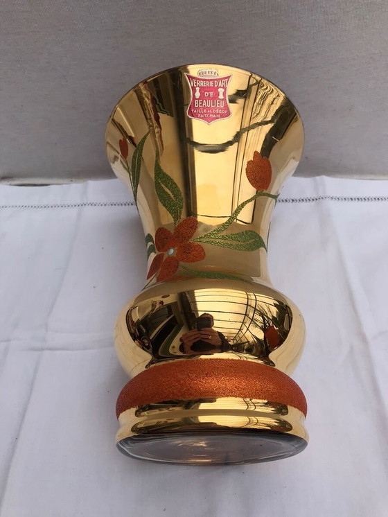 Image 1 of Vaso antico in vetro artistico di BEAULIEU, vetro dipinto in oro + decoro floreale vintage #D391