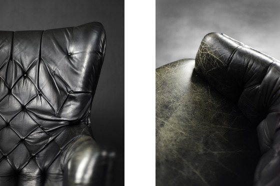 Image 1 of Vintage Mid Century Deense Moderne Gequilte Zwart Leren Wing Stoel, 1960