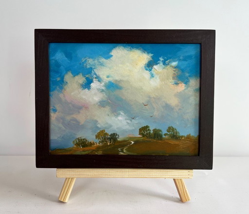 Original Oil Painting Summer Field Landscape Birds flying home