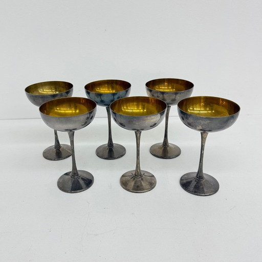 Set of 6 brass silver plated champagne coupes , 1970s Italy