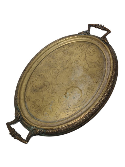 Antieke Poolse ovale dienblad met guillochepatroon van Jarra, jaren 1890. – tafelaccessoires, Brass (photo 2 of 11)