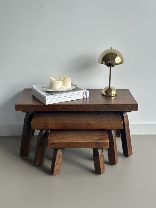 Vintage Brutalist nesting tables Mimi set of side tables solid oak retro 70's