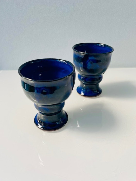 Image 1 of Servizio da tè scandinavo in ceramica blu cobalto: brocca e 2 tazze.