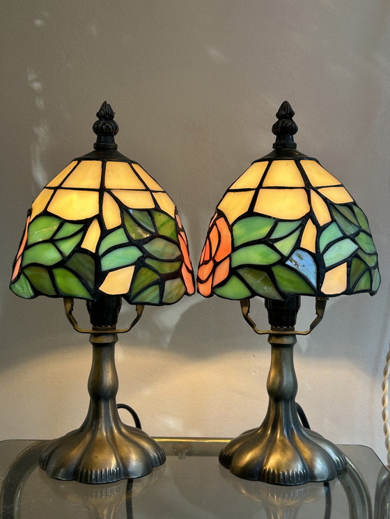 Image 1 of Set Van 2 Tafellampen Glas In Lood Vintage Jaren 20 Stijl 