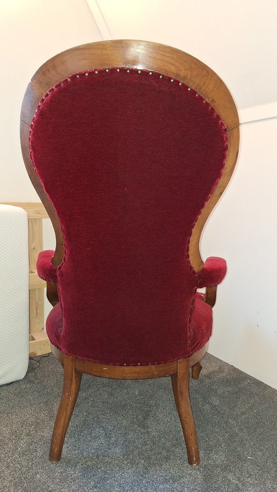 Image 1 of Antiek Biedemeier Fauteuil Bordeaux-Rood