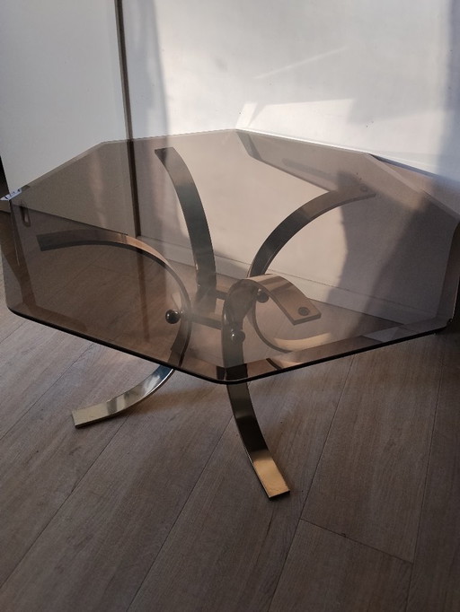 Table basse vintage, laiton et verre fumé, Ø 90 cm • Style années 70/80 • Design rétro, Hollywood Regency
