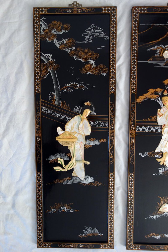 Vier Chinese panelen van gelakt hout en parelmoer, China, jaren 1960 – Decoratieve objecten, Wood, Other (photo 3 of 17)