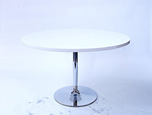 Tavolo da pranzo rotondo con piano bianco lucido su struttura Tulip in cromo, 120 cm (non Saarinen/Knoll)