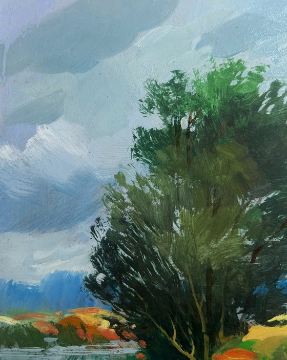 Image 1 of Peinture à l'huile originale représentant un paysage côtier d'été, avec un pêcheur près d'un arbre solitaire.