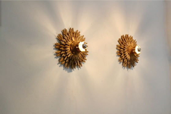 Natural pair of Large Carved Sunburst Wooden Sconces, Wall lights (photo 8 of 10)