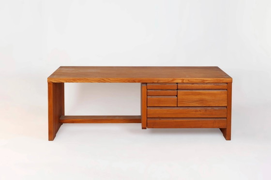Pierre Chapo, coiffeuse, tabouret et pouf 1989, Bureaux, Cuir, Bois, Marron, Design (photo 3 sur 8)