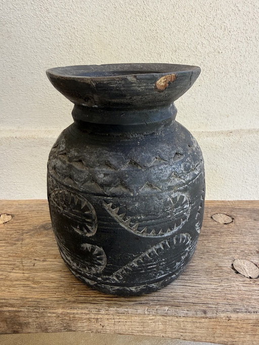 Set of 3 Nepalese Indian pots, carved black wood, tribal & wabi-sabi style