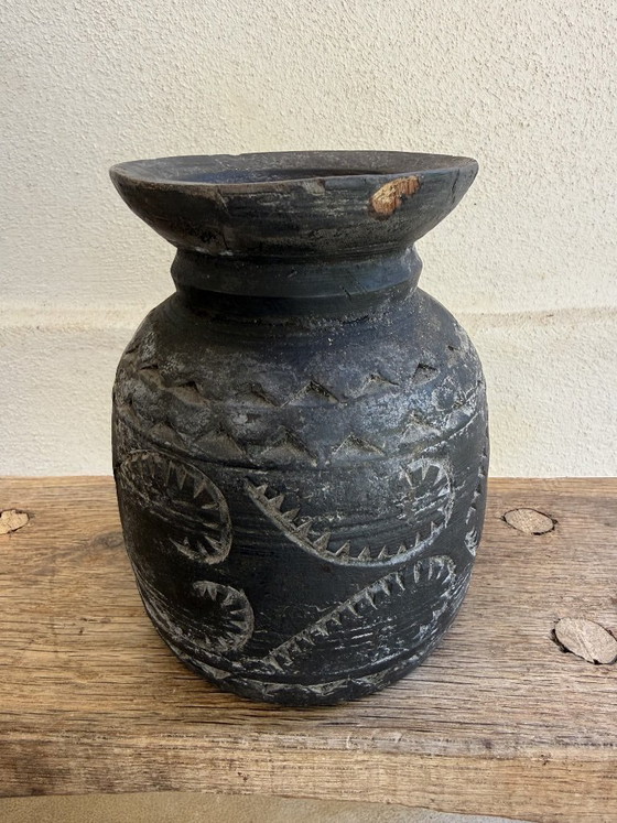Image 1 of Set of 3 Nepalese Indian pots, carved black wood, tribal & wabi-sabi style