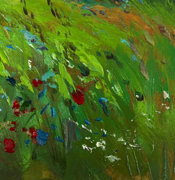 Image 1 of Original Oil Painting Summer Nature Landscape Cows In A Flower Field