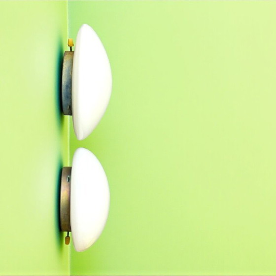 Image 1 of Pair of Art Deco style white opaline glass flush mount ceiling or wall lights 30 and 27cm