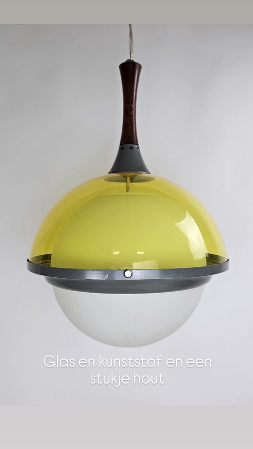Pendant lamp plastic and glass ball yellow white space age Italy 1970s