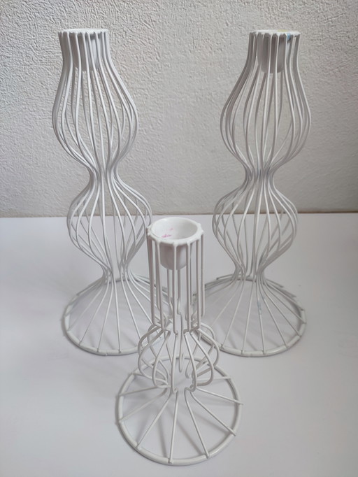 Set of three candlesticks candle holder white wire