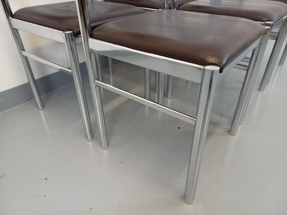 Image 1 of Set di 6 sedie vintage anni '70 in metallo cromato e similpelle marrone