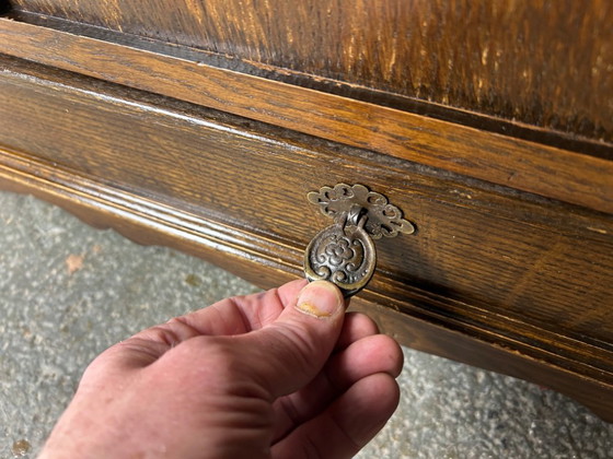 Early 20th Century Oak Blanket Box Mule Chest with Drawer Carved Jacobean Style, Storage cabinet, Metal, Wood (photo 7 of 9)