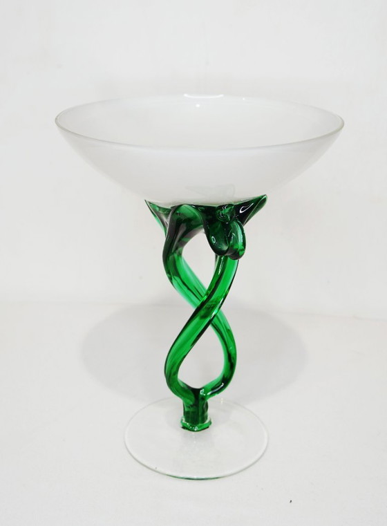 Image 1 of Ciotola vintage in vetro artistico "Jellyfish" di Jozefina Krosno – Stelo a forma di polpo verde e bianco