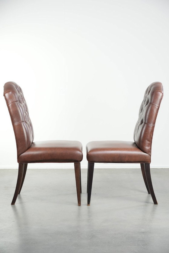 2x cognac kleurige vintage rundleren chesterfield eetkamerstoel – Eetkamerstoelen, Leather (photo 2 of 10)